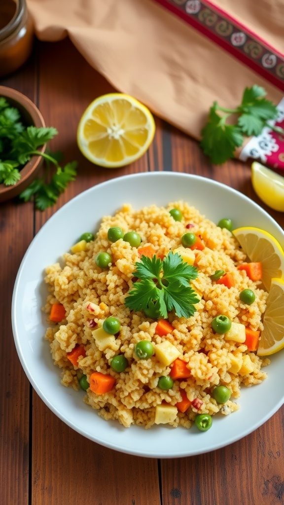 A colorful serving of spicy quinoa upma with vegetables, garnished with coriander, alongside lemon wedges.